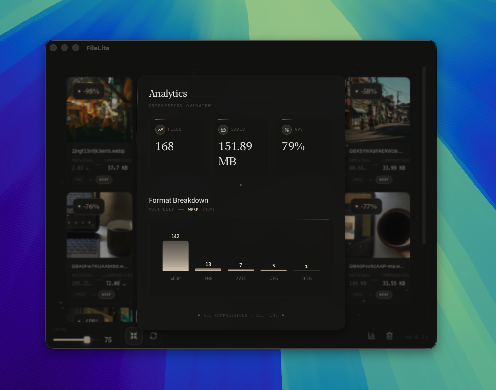 FileLite analytics dashboard displaying comprehensive compression statistics, total files processed, and storage savings with a clean dark-themed interface