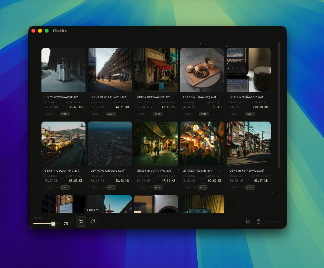FileLite format conversion panel showcasing support for PNG, JPEG, WebP, and AVIF formats with live preview thumbnails